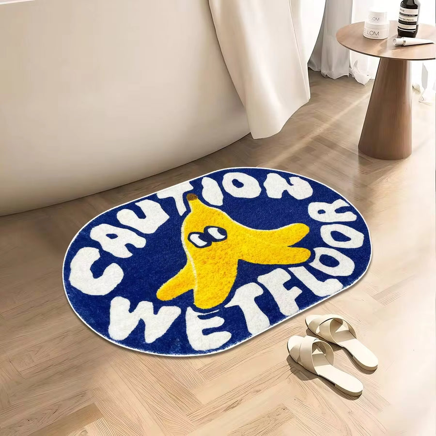 1pc Blue Cartoon "Caution Wet Floor" Plush Carpet, Soft & Comfortable Faux Wool Material Carpet, Suitable For Bathroom, Laundry Room, Kitchen, Vanity, Creative Doormat, Oval Cute Banana Peel Bathroom Rug!