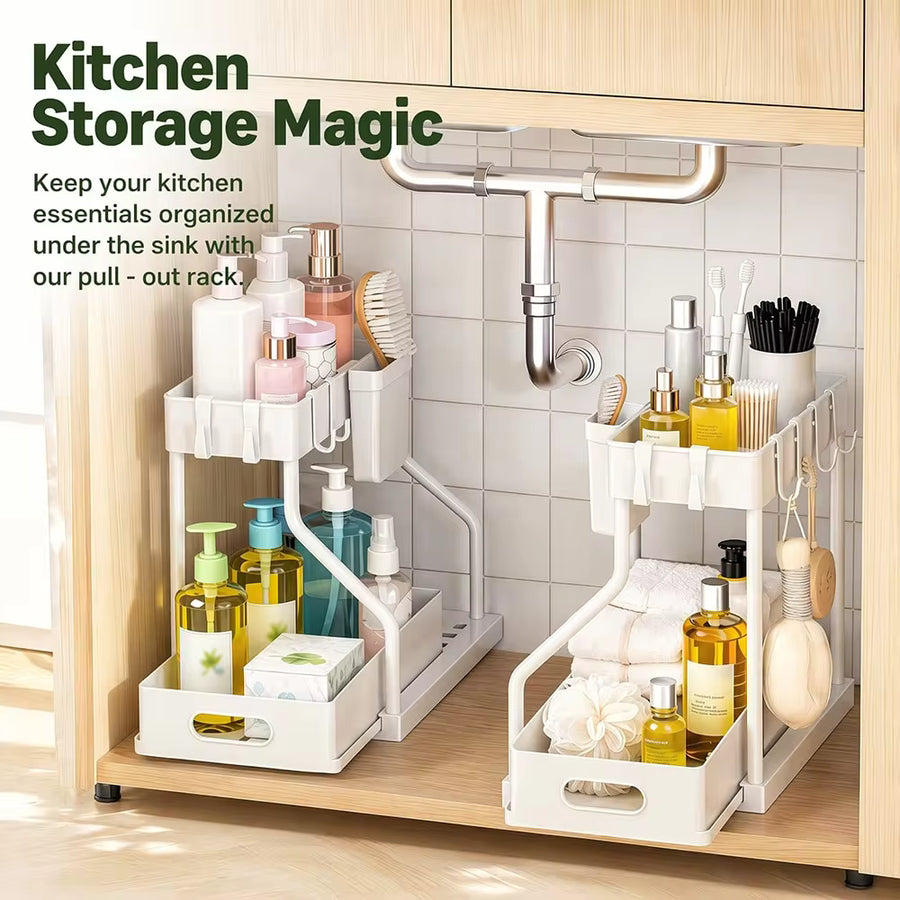 2-Tier Sink-Specific Under-Sink Storage Rack, Kitchen Cabinet Storage Rack, Double-Slide Basket-Style Storage Drawer, Multifunctional Bathroom Storage Basket, Storage Rack With 5 Hooks And 2 Hanging Storage Baskets, Kitchen Decor And Holiday Gifts